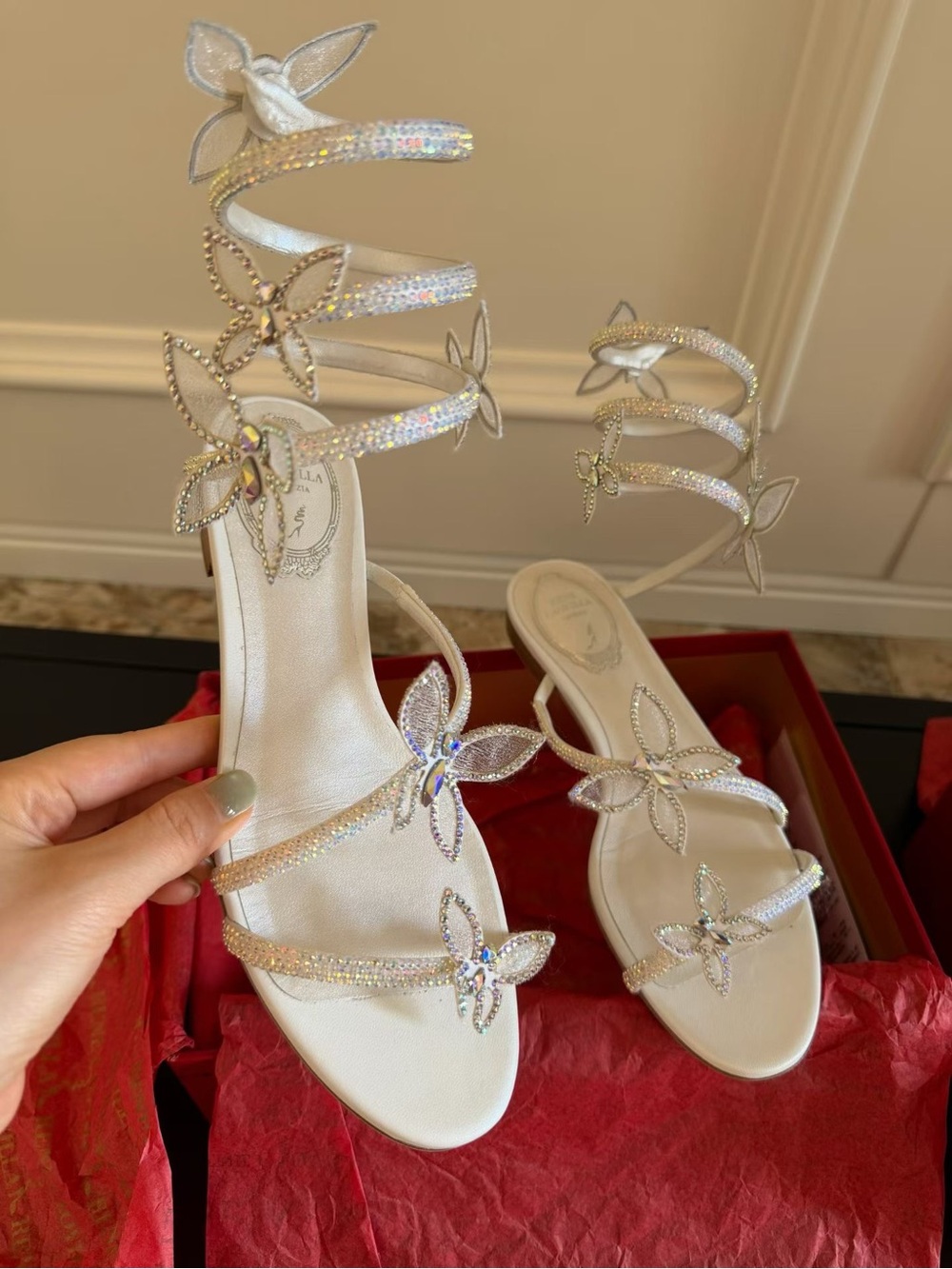 Rene Caovilla White Crystal Butterfly Strappy Heels
